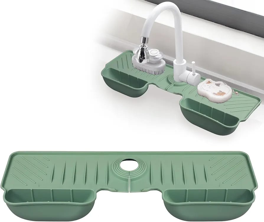 Silicone Faucet Splash Guard Mat with Sponge Holder – Green Sink Water Catcher & Kitchen Organizer