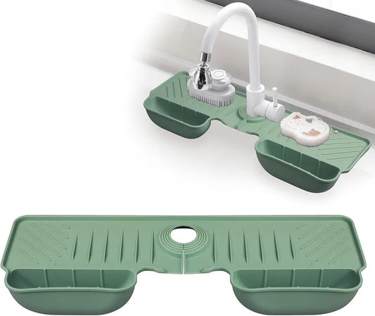 Silicone Faucet Splash Guard Mat with Sponge Holder – Green Sink Water Catcher & Kitchen Organizer