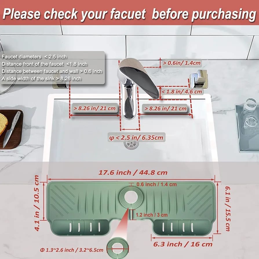 Silicone Faucet Splash Guard Mat with Sponge Holder – Green Sink Water Catcher & Kitchen Organizer