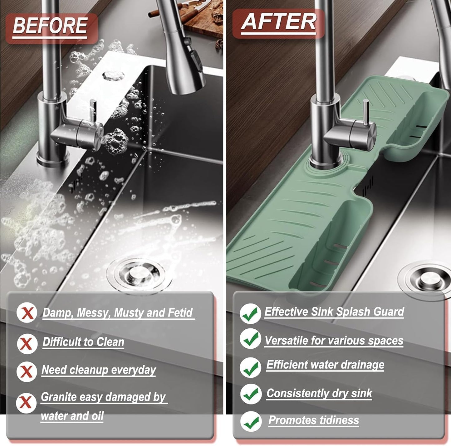 Silicone Faucet Splash Guard Mat with Sponge Holder – Green Sink Water Catcher & Kitchen Organizer