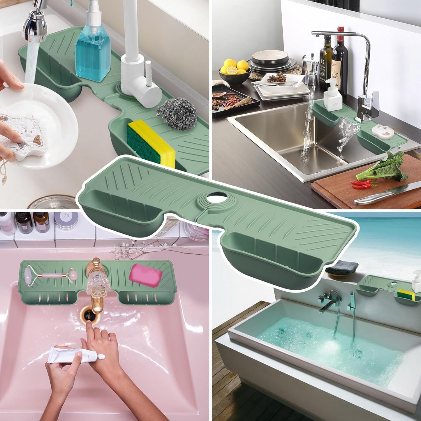 Silicone Faucet Splash Guard Mat with Sponge Holder – Green Sink Water Catcher & Kitchen Organizer