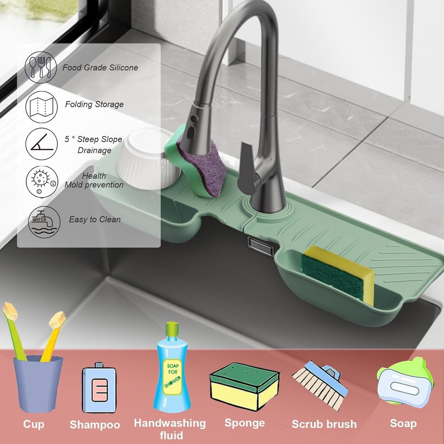 Silicone Faucet Splash Guard Mat with Sponge Holder – Green Sink Water Catcher & Kitchen Organizer